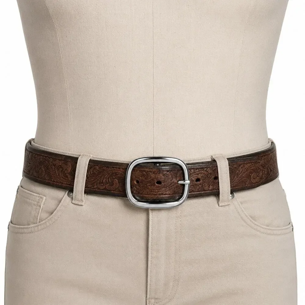 Mens Tooled Brown Leather Western Belt Size 40 Silver Bronze Buckle Scrollwork
